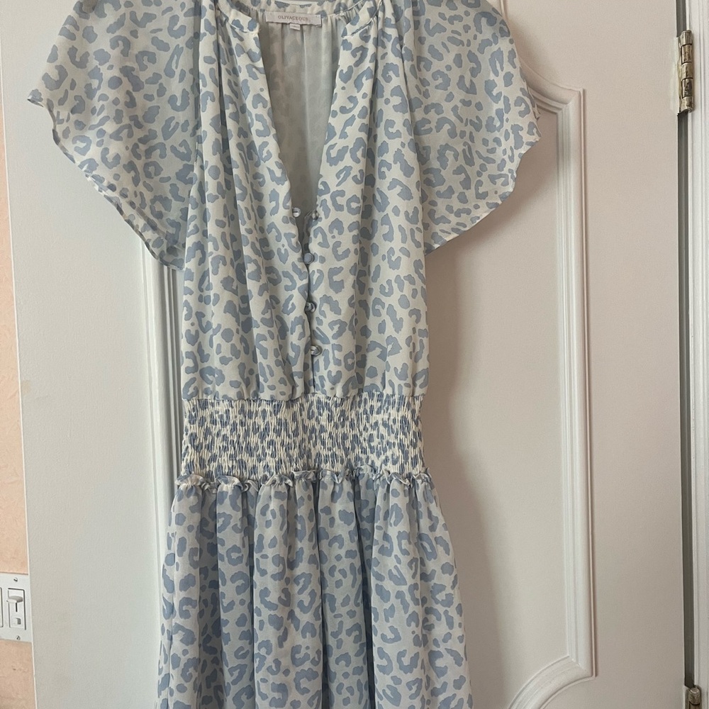 Olivaceous Blue Leopard Print Midi Dress – Size Small